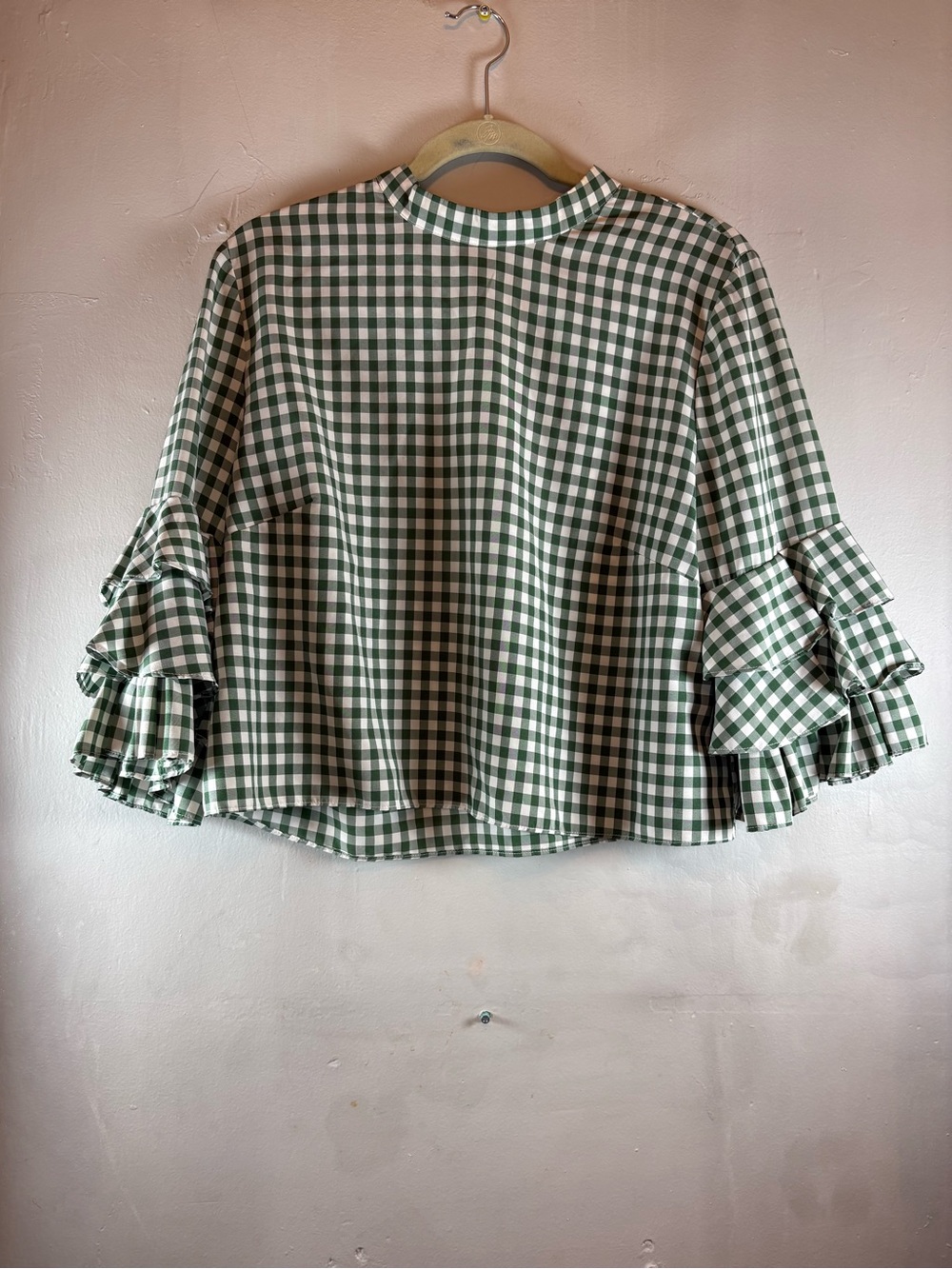 Green Gingham Ruffle Sleeve Blouse — Tiered Bell Cuffs